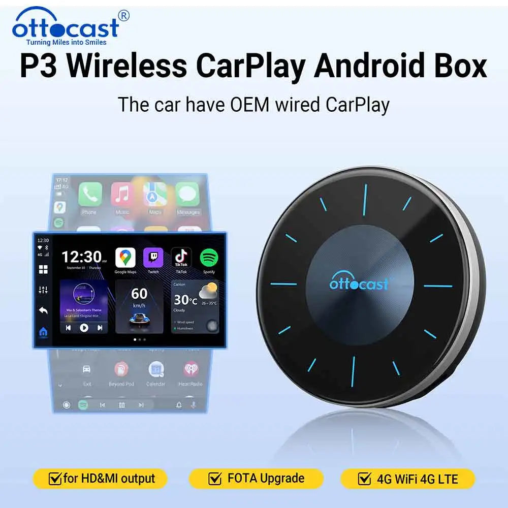 OTTOCAST P3 CarPlay AI Box – Wireless Android Auto Smart TV Adapter for Benz, Audi, Kia, Hyundai, VW, Toyota (2024)