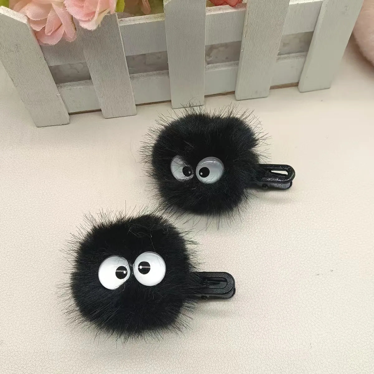 Black Fuzzy Hair Clip - Cute Big Eyes Design Hair Accessory for Women and Girls, Daily and Party Wear