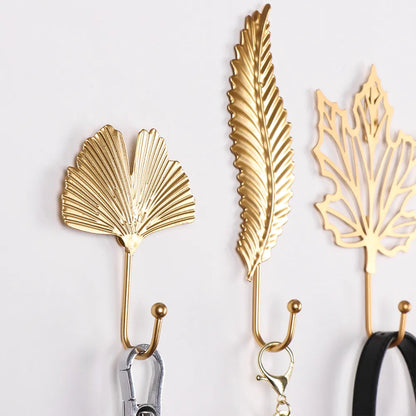 Nordic Style Gold/Green Leaf Shape Wrought Iron Hook Wall Hanger - Towel Clothes Storage Rack for Home Organization