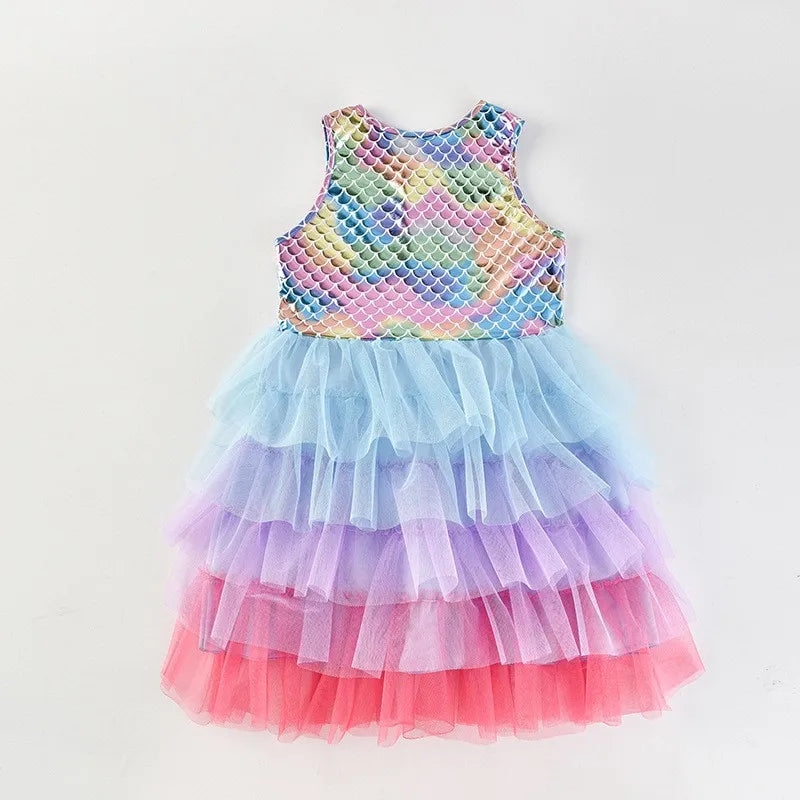 Girls Rainbow Mermaid Tutu Dress - Sleeveless Sequin Tulle Princess Party Costume