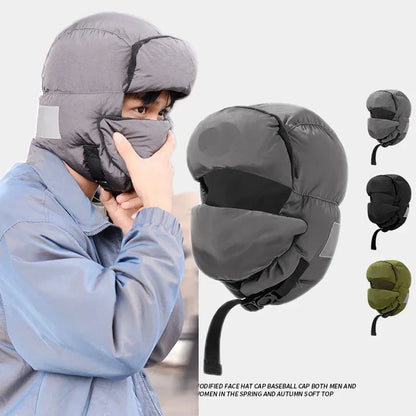2024 Winter Cotton Earflap Hat with Mask - Windproof Down Jacket Thermal Ski Hat for Men and Women, Ideal for Cycling and Outdoor Adventures