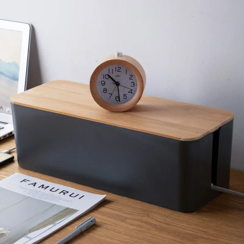 Creative Bamboo Wire Management Box — Cable, Plug, and Power Cord Organizer with Wooden Cover