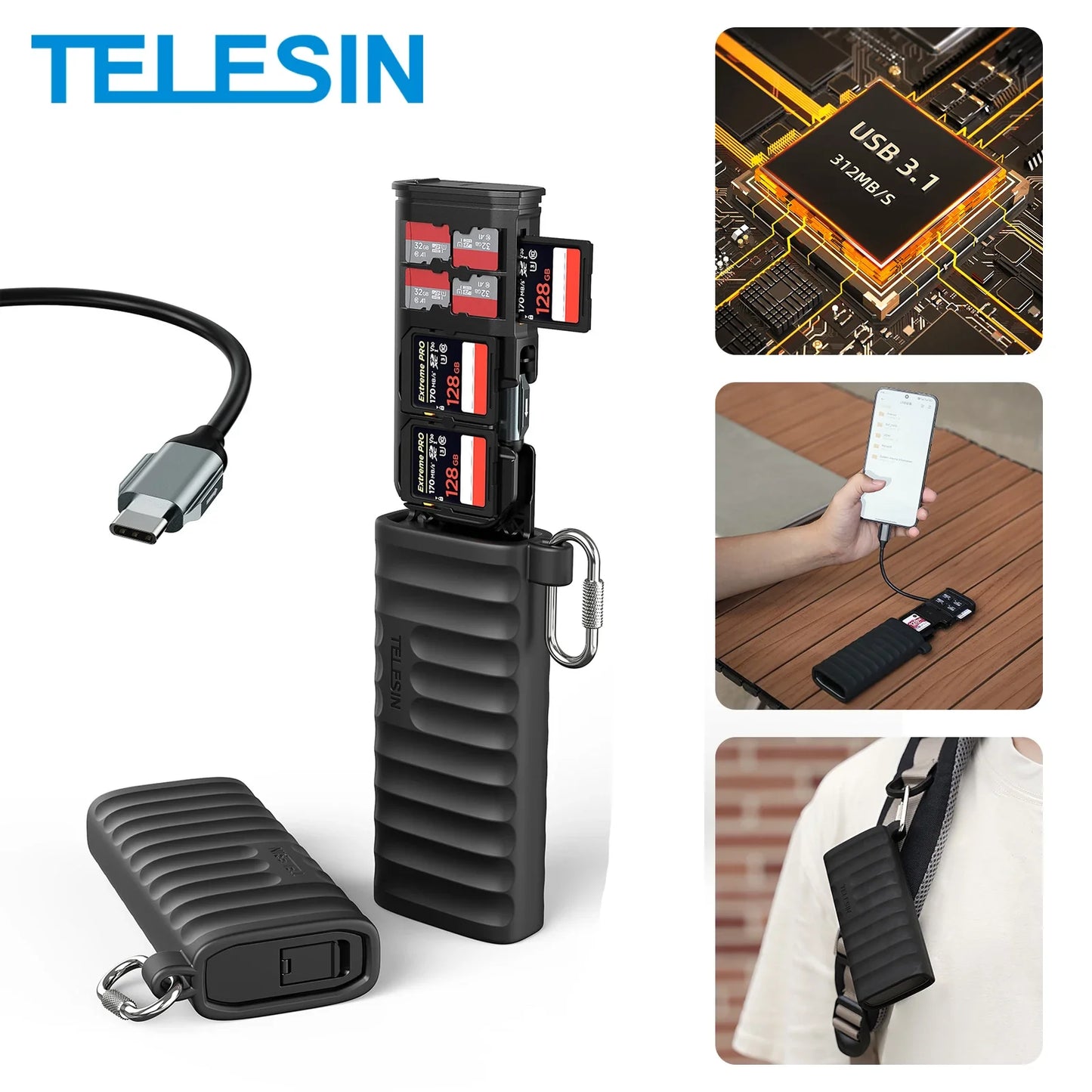 TELESIN 2-in-1 Micro SD Card Reader — High-Speed Type-C SD/TF Storage Reader for PC & Camera