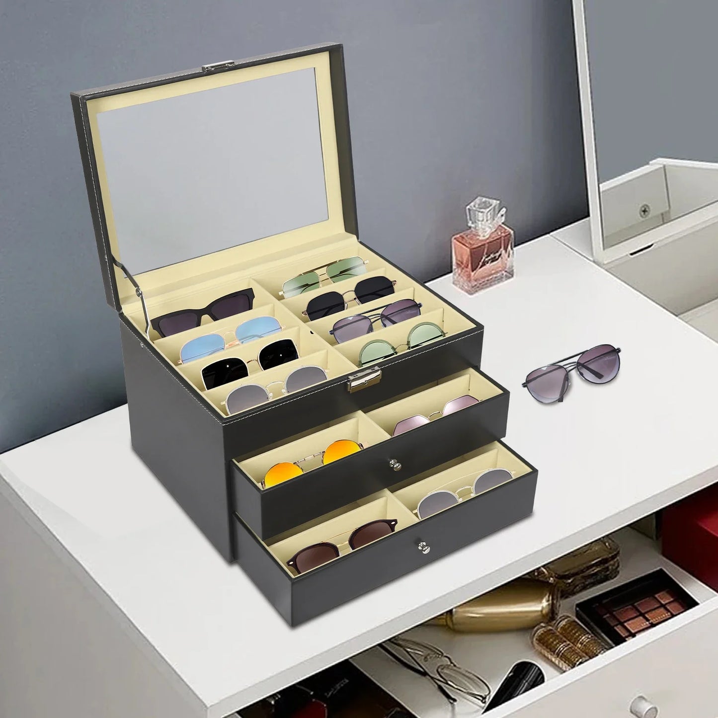 3-Layer Leather Glasses Organizer with Drawer – 24 Slot Sunglasses Display & Storage Case Rust-Resistant