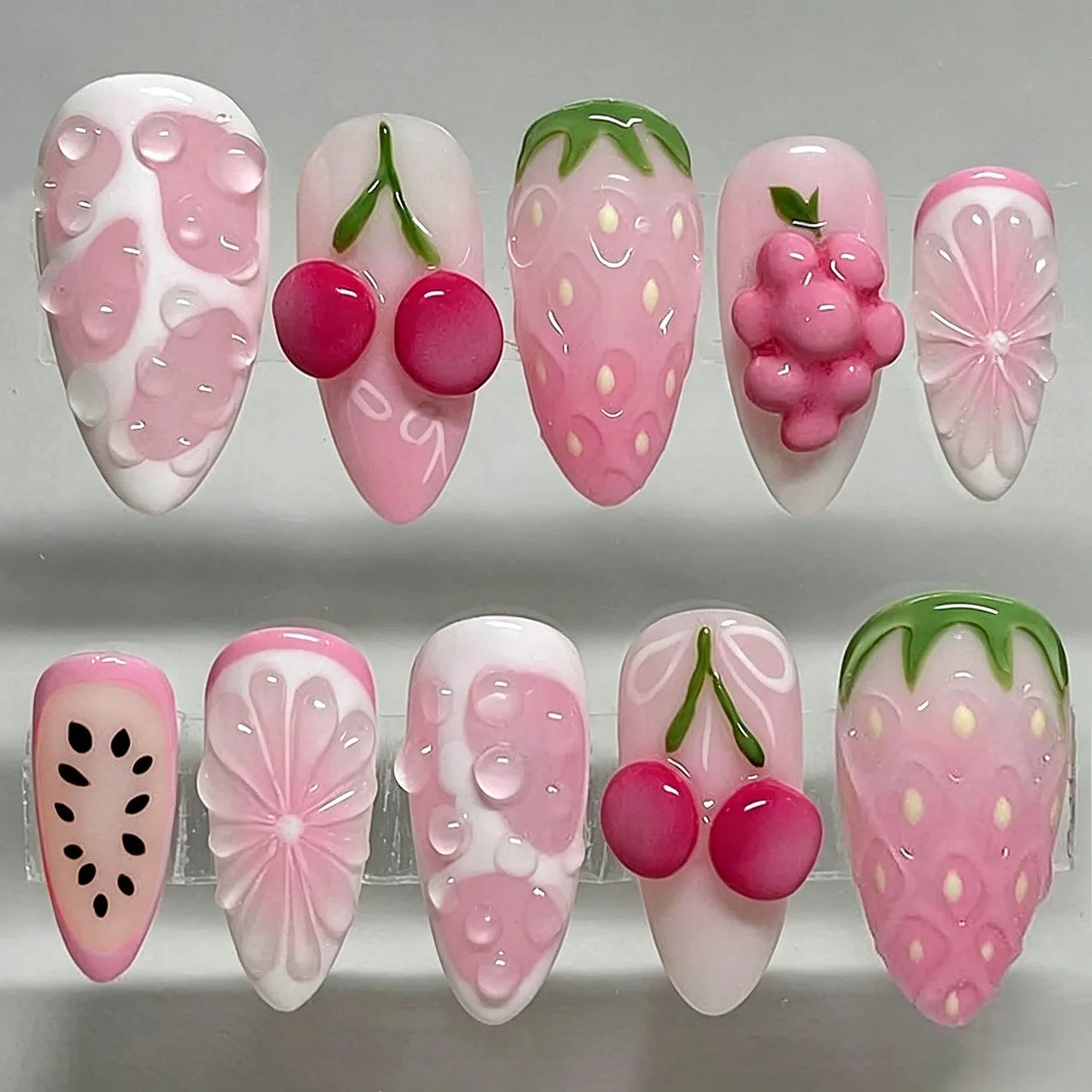 24PCS Strawberry Bow Press On Nails - Red Short Almond Pearl Starlight Floral False Nail Art Tips
