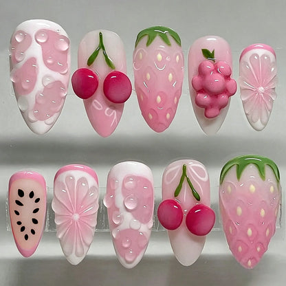 24PCS Strawberry Bow Press On Nails - Red Short Almond Pearl Starlight Floral False Nail Art Tips