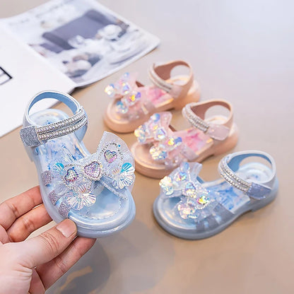 Girls' Rhinestone Bow Sandals - Sparkly Pearl Heart Summer Party Shoes