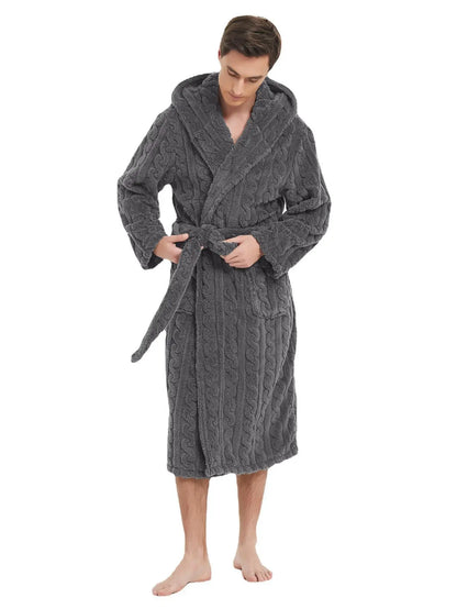 Men’s Fall & Winter Warm Hooded Robe – Thickened Cotton Velvet Jacquard Homewear for Couples