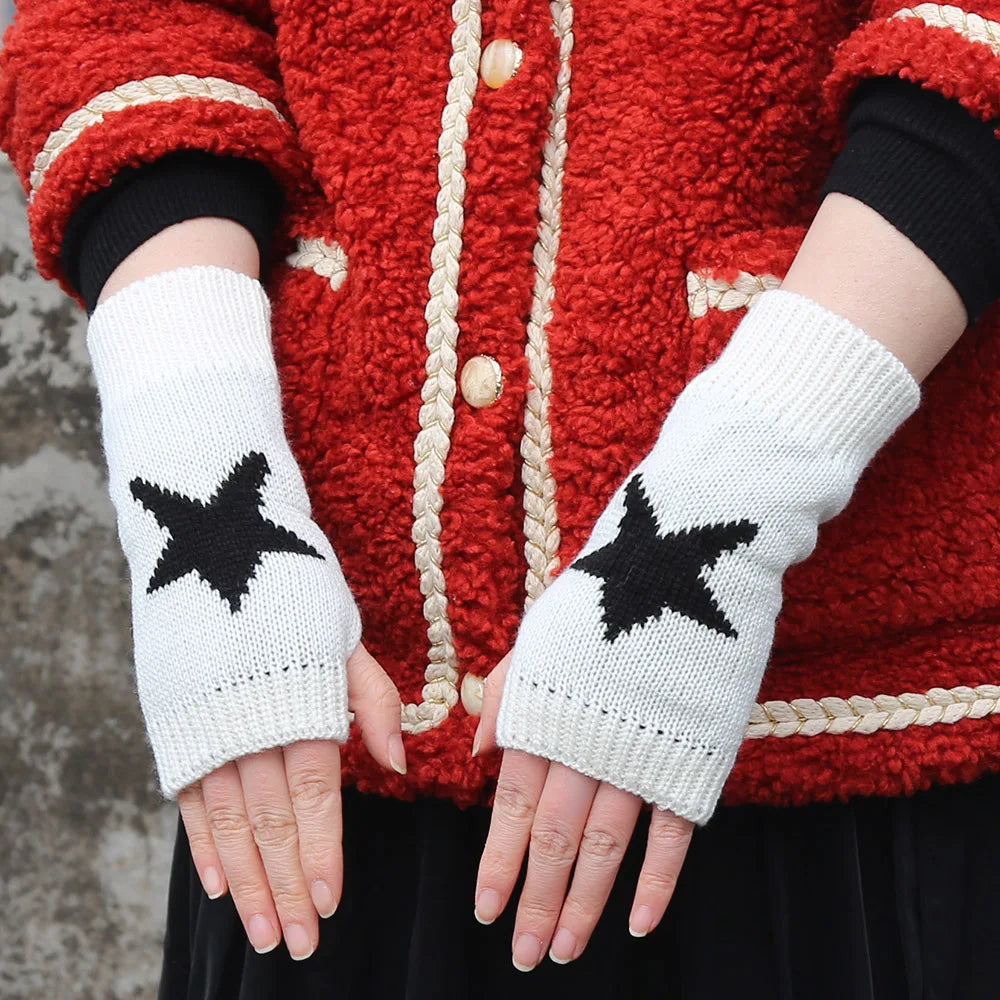 Black & White Women’s Knitted Fingerless Gloves – Warm Autumn/Winter Half Gloves for Girls
