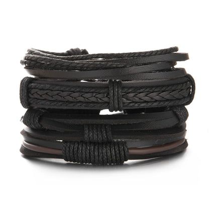 Men's Vintage Multilayer Leather Braid Bracelet - Handmade Star, Leaf & Owl Rope Wrap Bangle, Male Gift Jewelry