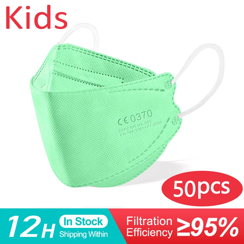 10-200PCS Kids KN95 FFP2 Face Masks — 4-Layer Protective Dustproof Masks for Boys & Girls Ages 6-14
