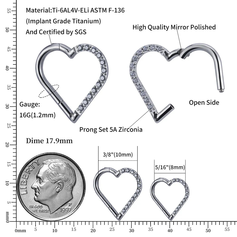 Right Grand ASTM F136 Titanium Daith Heart Hoop Earring – Hinged Segment Ring with Clear CZ for Cartilage, Tragus & Helix Piercing Jewelry