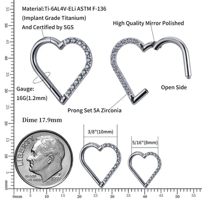 Right Grand ASTM F136 Titanium Daith Heart Hoop Earring – Hinged Segment Ring with Clear CZ for Cartilage, Tragus & Helix Piercing Jewelry