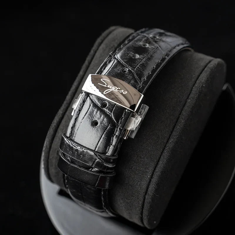 Sugess ST1908 Mechanical Chronograph Watch for Men – Swan Neck Movement, Moonphase Calendar, Vintage Leather Strap, 2023 Model