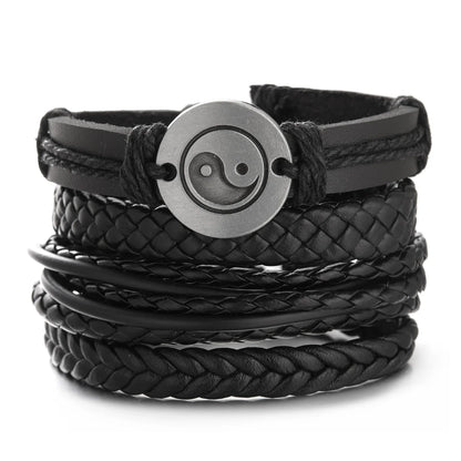 Men's Vintage Multilayer Leather Braid Bracelet - Handmade Star, Leaf & Owl Rope Wrap Bangle, Male Gift Jewelry