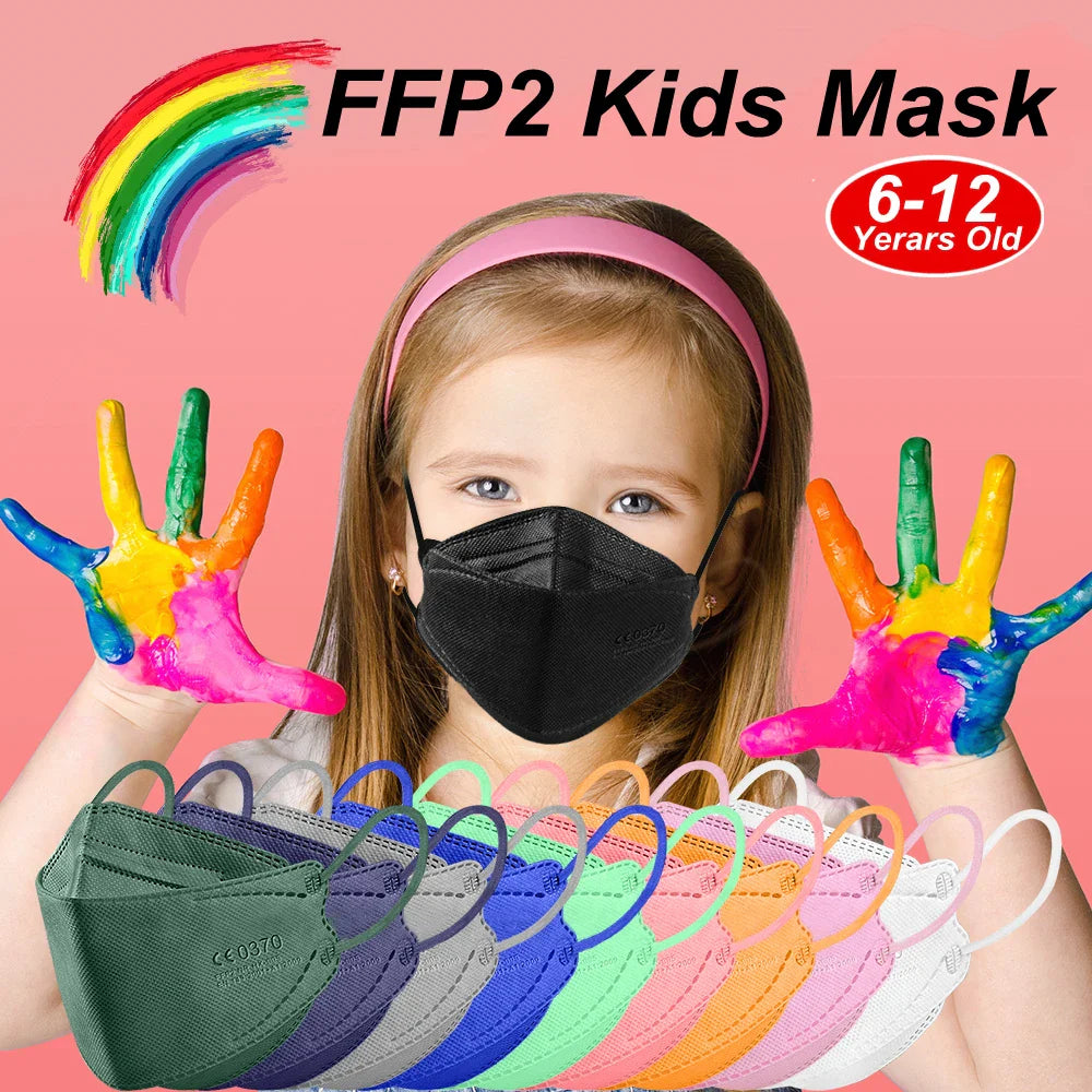10-200PCS Kids KN95 FFP2 Face Masks — 4-Layer Protective Dustproof Masks for Boys & Girls Ages 6-14