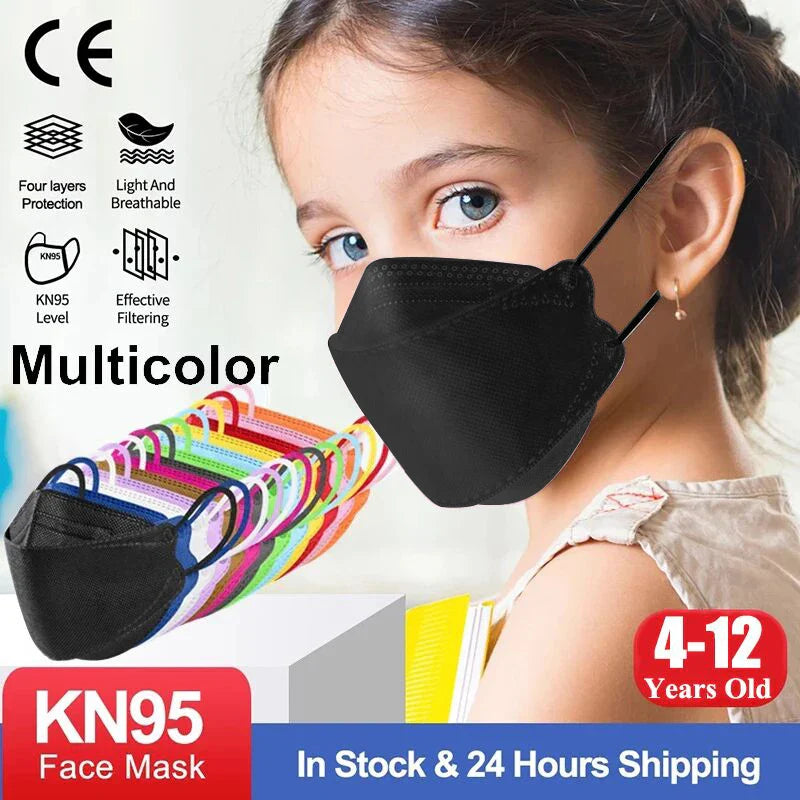 10-200PCS Kids KN95 FFP2 Face Masks — 4-Layer Protective Dustproof Masks for Boys & Girls Ages 6-14