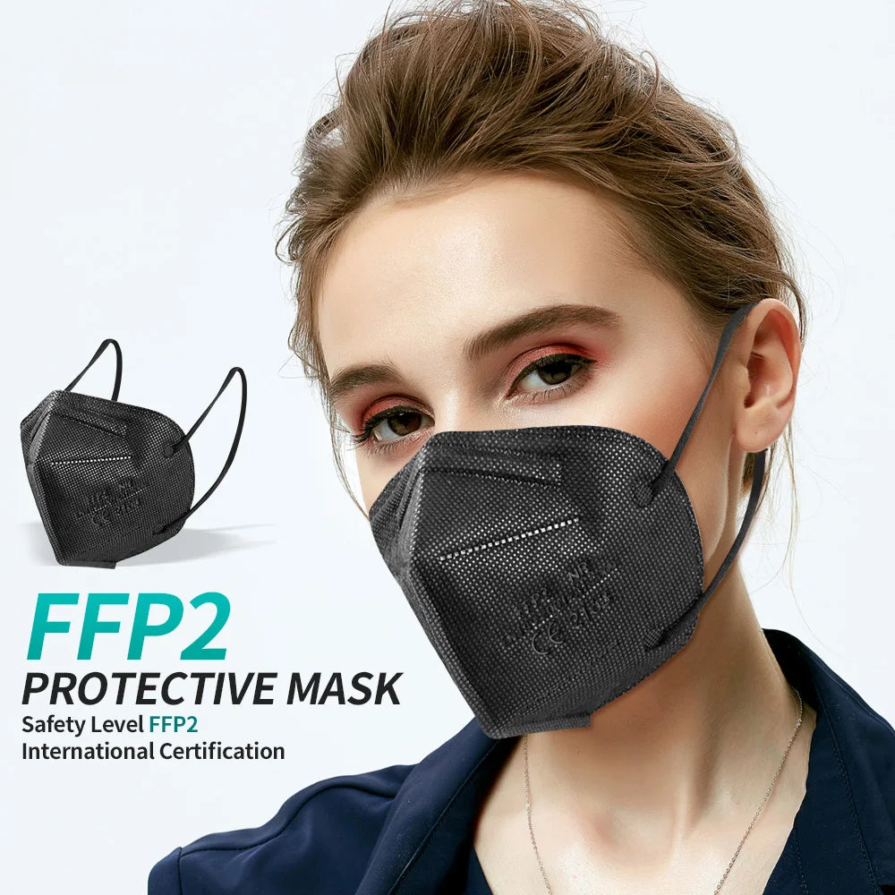 10-200PCS Black KN95 FFP2 Face Masks – CE Certified 5-Layer Non-Woven Reusable Adult Mascarillas
