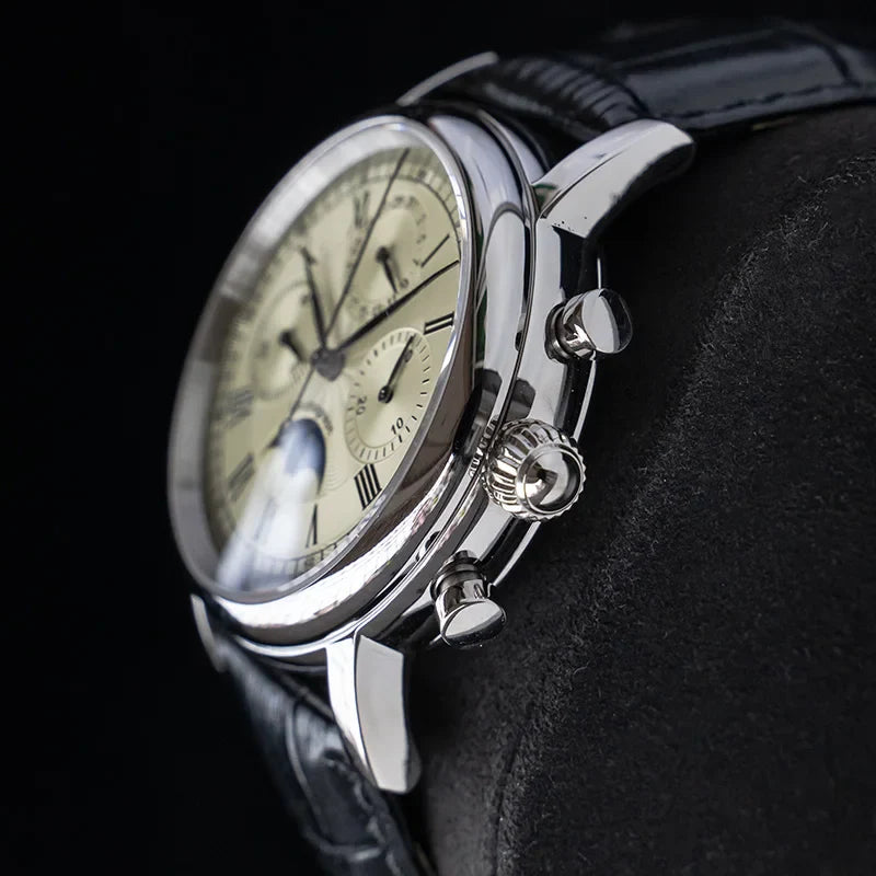 Sugess ST1908 Mechanical Chronograph Watch for Men – Swan Neck Movement, Moonphase Calendar, Vintage Leather Strap, 2023 Model