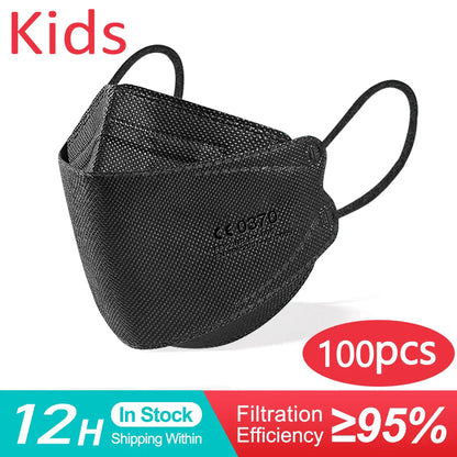 10-200PCS Kids KN95 FFP2 Face Masks — 4-Layer Protective Dustproof Masks for Boys & Girls Ages 6-14