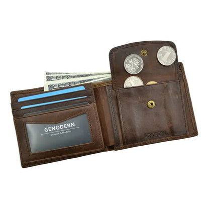 GENODERN Genuine Cow Leather Men’s Wallet with Coin Pocket – Vintage RFID Blocking Slim Male Purse Card Holder Leather Wallet