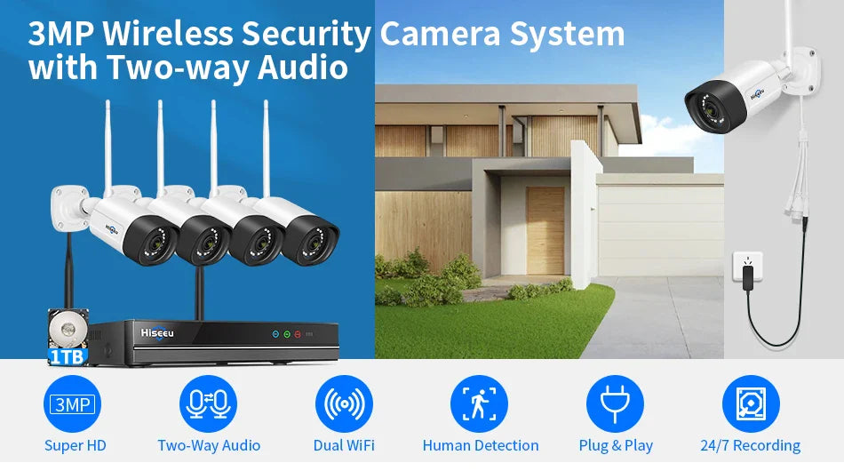 Hiseeu 10CH 5MP WiFi Security Camera System — H.265 NVR with Color Night Vision, Human Motion Detection & 2-Way Audio Outdoor Cameras