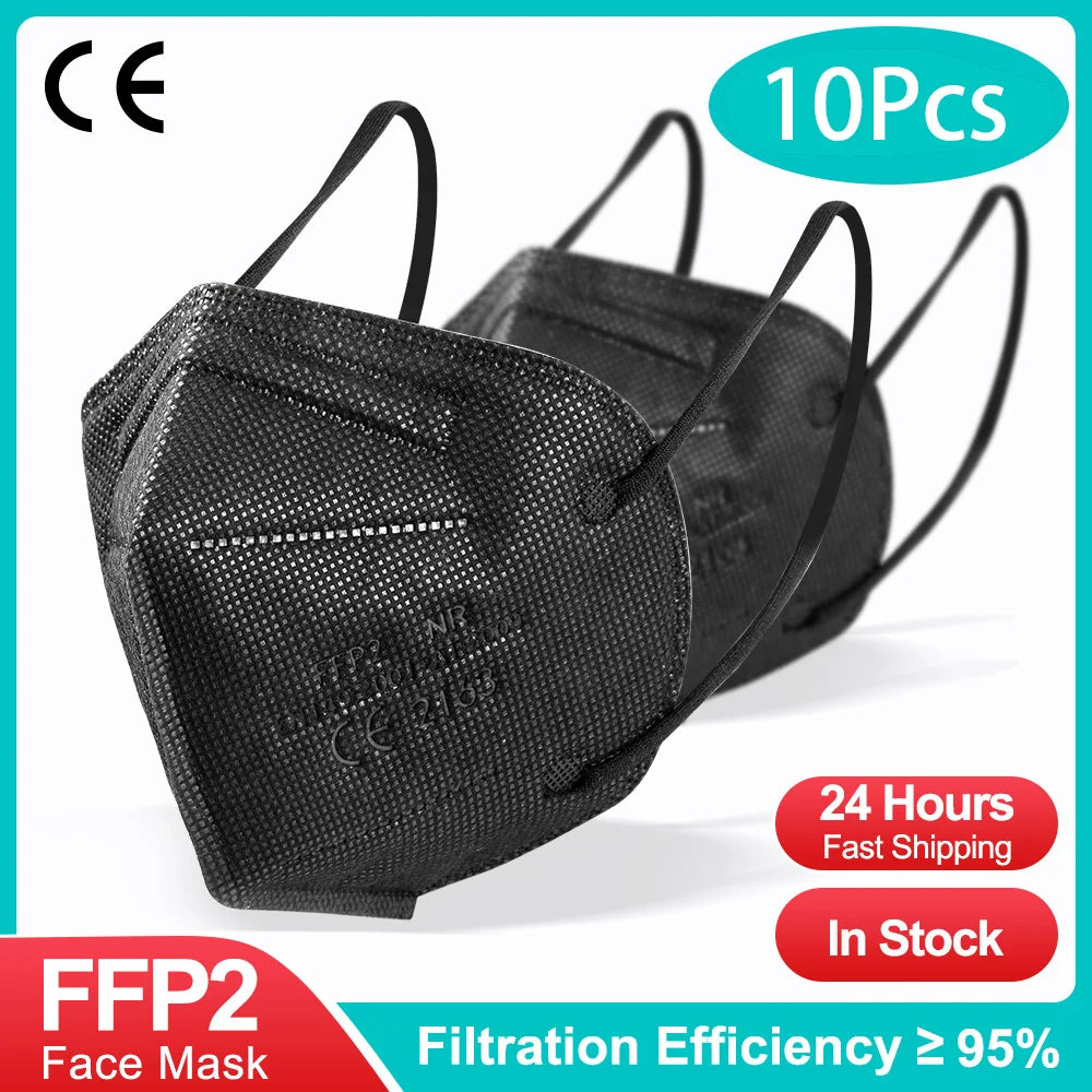 10-200PCS Black KN95 FFP2 Face Masks – CE Certified 5-Layer Non-Woven Reusable Adult Mascarillas