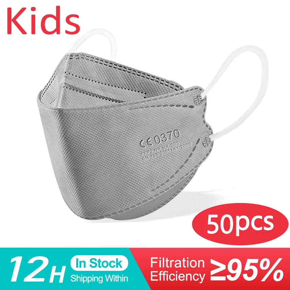10-200PCS Kids KN95 FFP2 Face Masks — 4-Layer Protective Dustproof Masks for Boys & Girls Ages 6-14