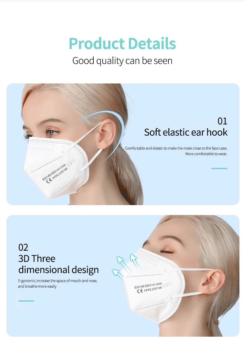 10-200PCS Black KN95 FFP2 Face Masks – CE Certified 5-Layer Non-Woven Reusable Adult Mascarillas