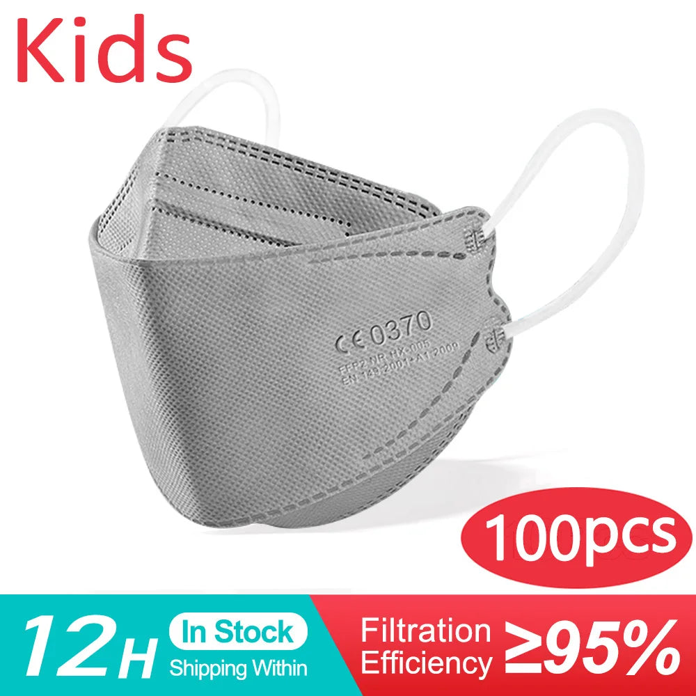 10-200PCS Kids KN95 FFP2 Face Masks — 4-Layer Protective Dustproof Masks for Boys & Girls Ages 6-14