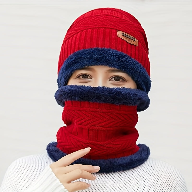 3 Pcs Knit Hat, Neck Warmer and Gloves Set - Thermal Letter Patched Cuff Beanie, Fleece Scarf, and Full Finger Winter Gloves for Men and Women