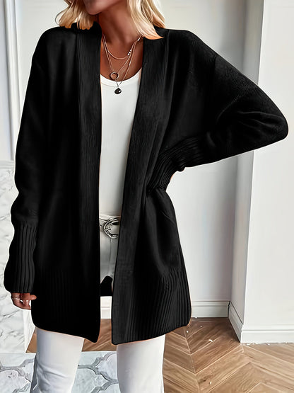 Solid Open Front Knit Cardigan - Casual Long Sleeve Loose Sweater with Pockets, Women's Clothing