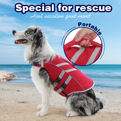 Water Safety Dog Life Jacket – Reflective and Adjustable Pet Flotation Vest with Handle and D-Ring, Polyester, Snap Button/Hook and Loop Closure – Hand Wash Only, for Small to Large Breeds