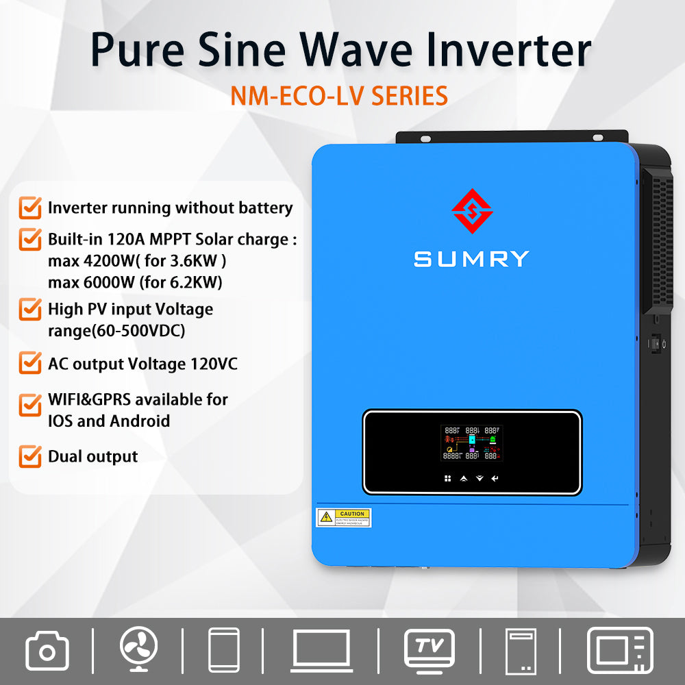 Sumry 3.6kW Hybrid Solar Inverter — 24V DC to 110/120V AC Dual Output with 120A MPPT