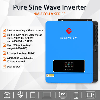 Sumry 3.6kW Hybrid Solar Inverter — 24V DC to 110/120V AC Dual Output with 120A MPPT