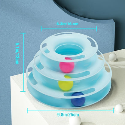 Interactive Cat Toy Tower with Rotating Balls - Durable Plastic Three-Level Track and Ball Play Structure, Entertaining and Stimulating Pet Activity Center, No Batteries Needed, Assorted Ball Colors