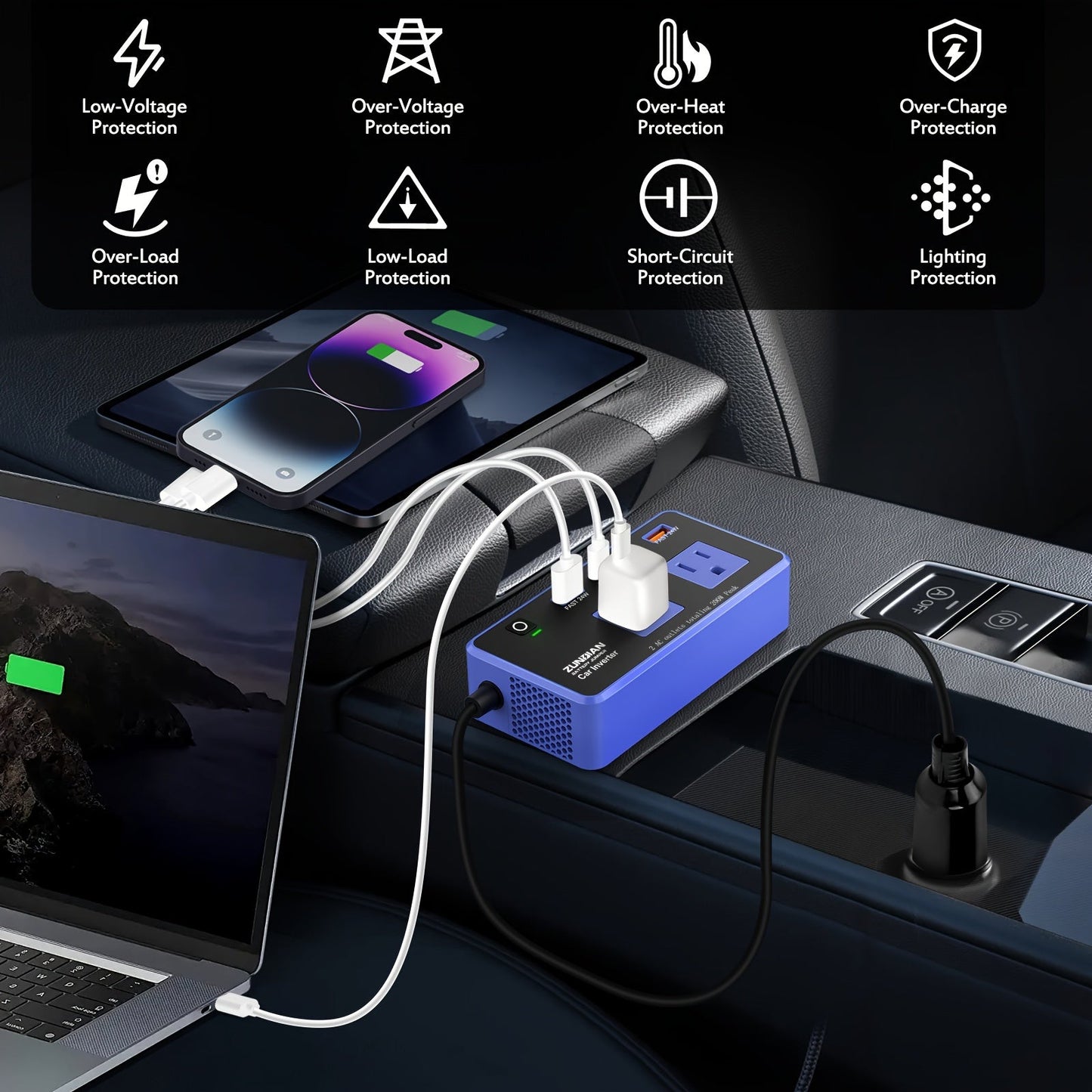 200W Car Power Inverter | DC 12V to 110V AC Inverter with 24W USB-C Fast Charger | Type C Car Charger for Laptop and Camping Road Trip Essentials