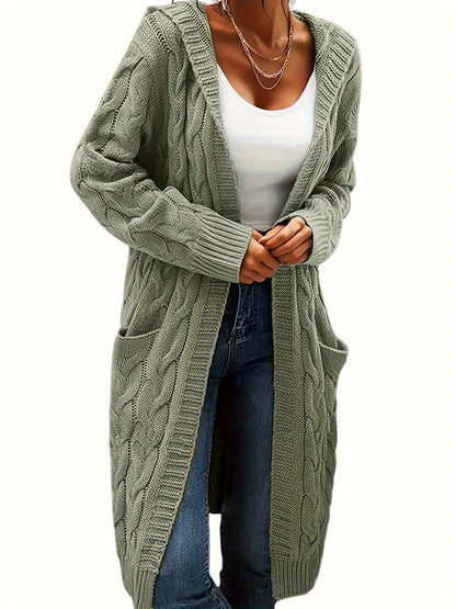 Solid Open Front Cable Knit Hooded Cardigan – Casual Long Sleeve Mid-Length Sweater with Pocket for Women
