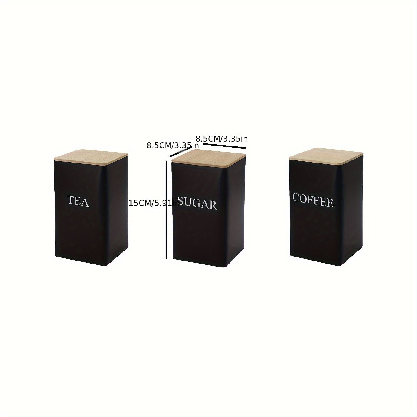 Set of 3 Square Metal Canisters with Wooden Lids – Tea, Sugar, and Coffee Storage