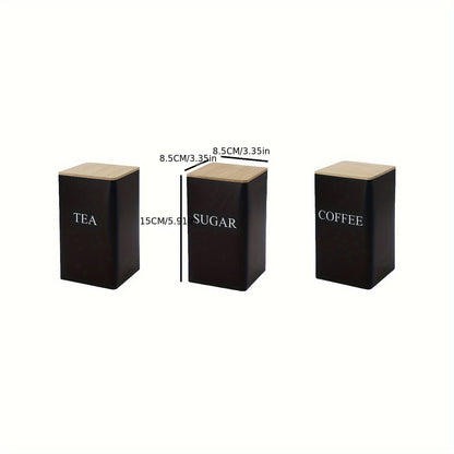 Set of 3 Square Metal Canisters with Wooden Lids – Tea, Sugar, and Coffee Storage