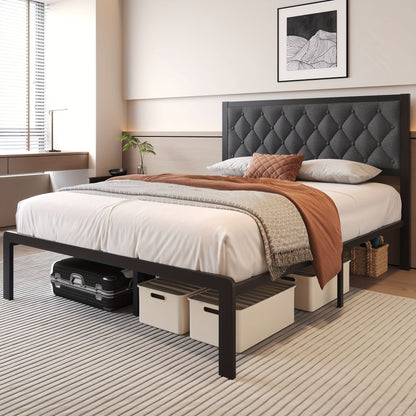 Queen Bed Frame with Headboard – Fabric Upholstered, Metal Slats Support, Platform Bed with Storage Space, Easy Assembly, Noise-Free, No Box Spring Needed
