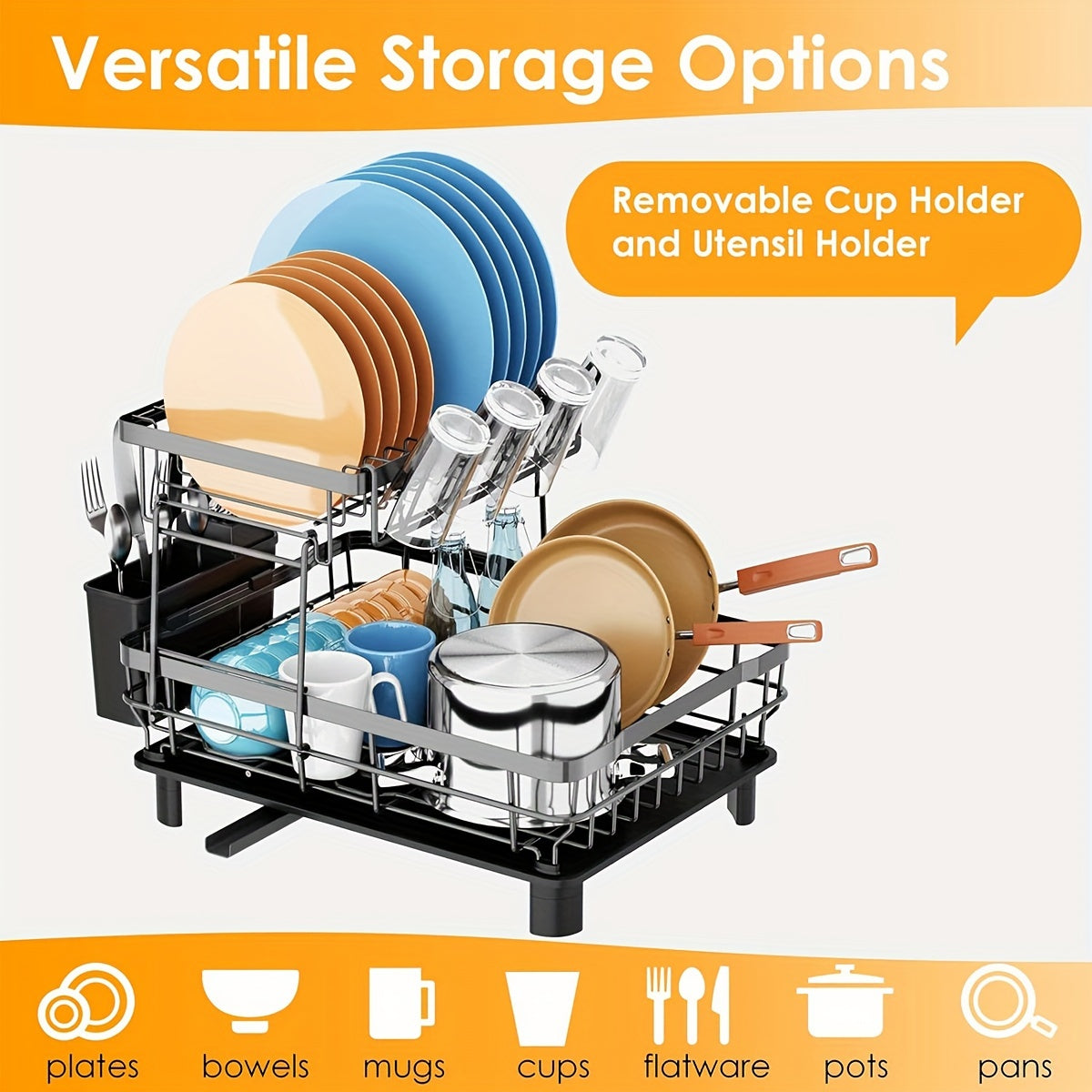2-Tier Iron Bowl and Dish Drying Rack - Space-Saving Kitchen Organizer with Knife Cup and Tableware Holder - Rust-Resistant Metal Construction for Easy Cleaning