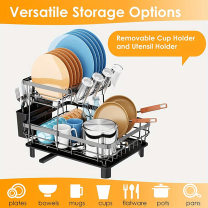 2-Tier Iron Bowl and Dish Drying Rack - Space-Saving Kitchen Organizer with Knife Cup and Tableware Holder - Rust-Resistant Metal Construction for Easy Cleaning