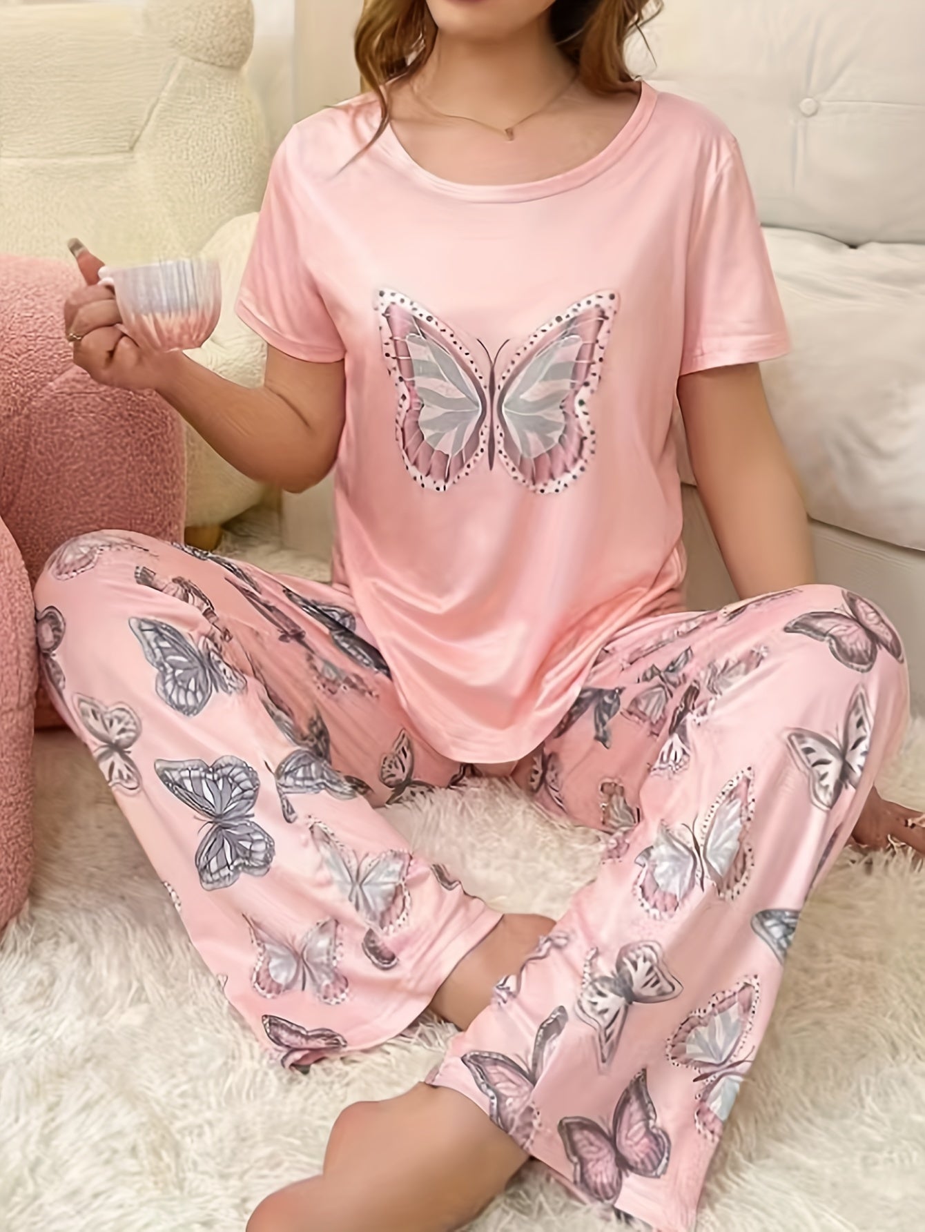 Charming Butterfly Print Pajama Set – Soft Round Neck Short Sleeve Top and Elastic Waist Pants – Women's Cozy Sleepwear for Relaxation, Lounging, and Travel