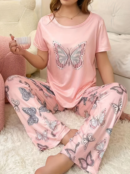 Charming Butterfly Print Pajama Set – Soft Round Neck Short Sleeve Top and Elastic Waist Pants – Women's Cozy Sleepwear for Relaxation, Lounging, and Travel