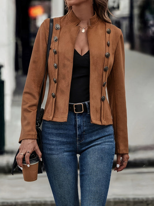 Vintage Double-Breasted Women's Jacket: Long Sleeve Solid Outwear for Spring and Fall