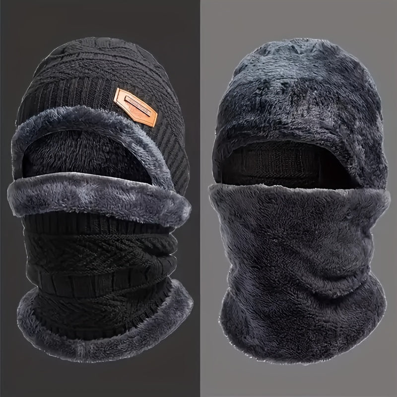 3 Pcs Knit Hat, Neck Warmer and Gloves Set - Thermal Letter Patched Cuff Beanie, Fleece Scarf, and Full Finger Winter Gloves for Men and Women