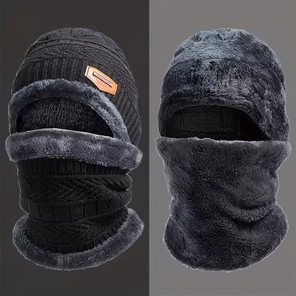 3 Pcs Knit Hat, Neck Warmer and Gloves Set - Thermal Letter Patched Cuff Beanie, Fleece Scarf, and Full Finger Winter Gloves for Men and Women