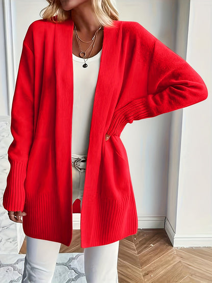 Solid Open Front Knit Cardigan - Casual Long Sleeve Loose Sweater with Pockets, Women's Clothing