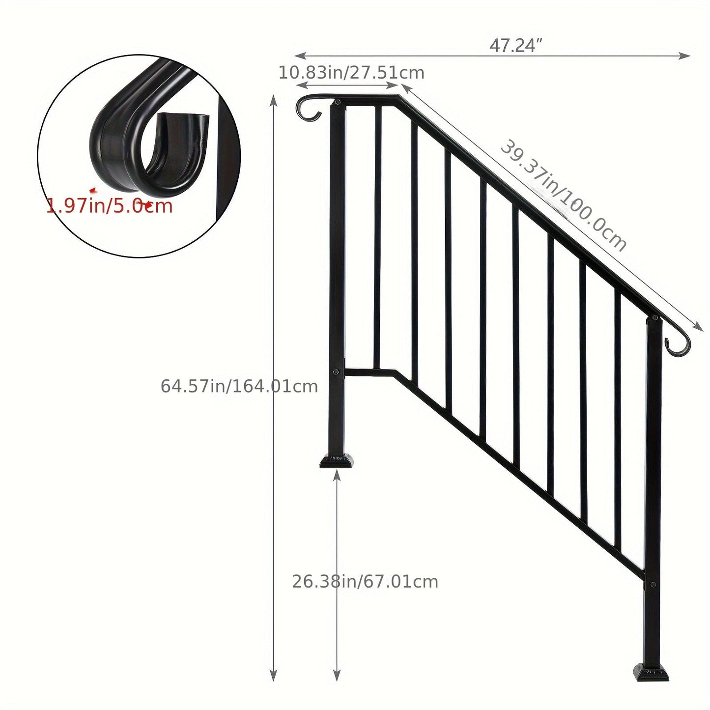 Single Tier Matte Black Iron Handrail – Durable Outdoor Stair Rail with Rust-Resistant Coating – Easy to Install & Assemble – Ideal for Home, Garden, or Commercial Use
